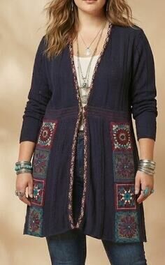 Cardigan Sweater US 16 18 Joe Browns Blue Boho Patchwork Crochet Longline Cotton